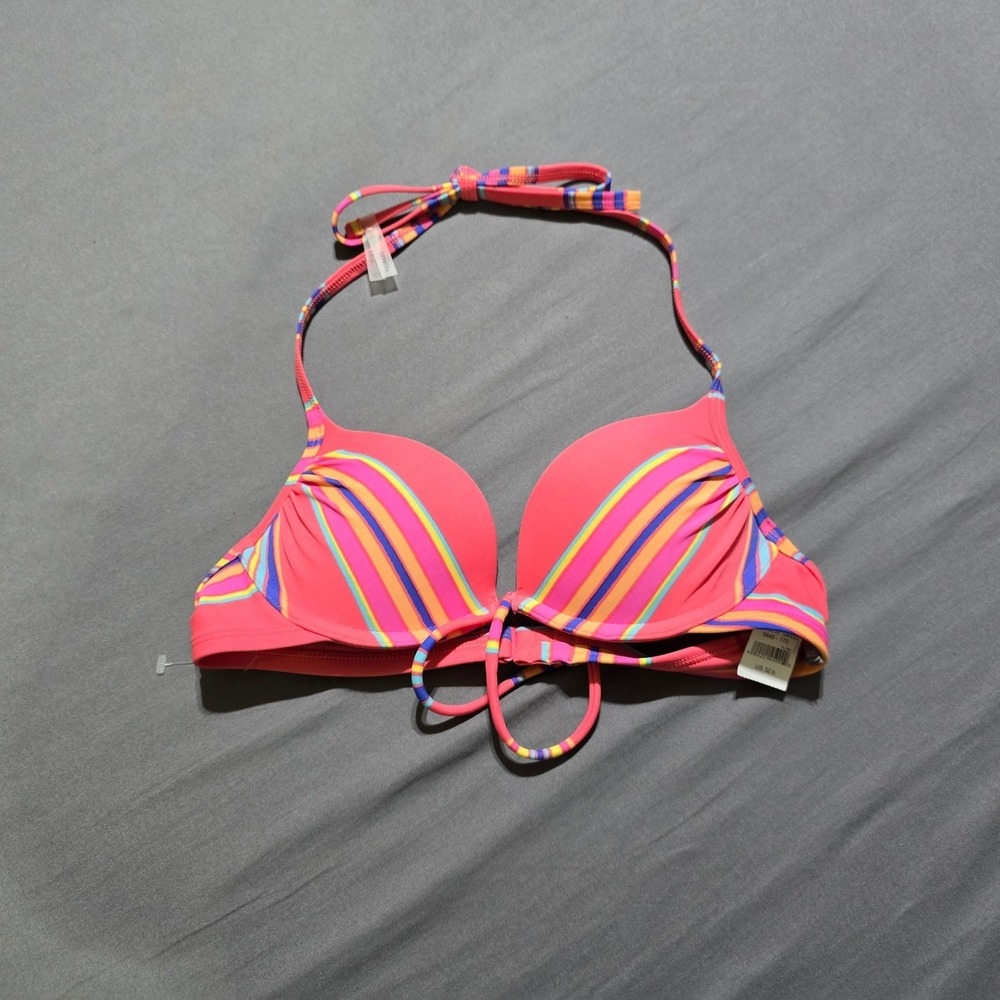 New Aerie Bikini Top Women 32B Pink Striped Push Up Halter Swim